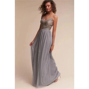 NWT Anthropologie BHLDN Adrianna Papell Aida Maxi Dress in Silver Gray Beaded